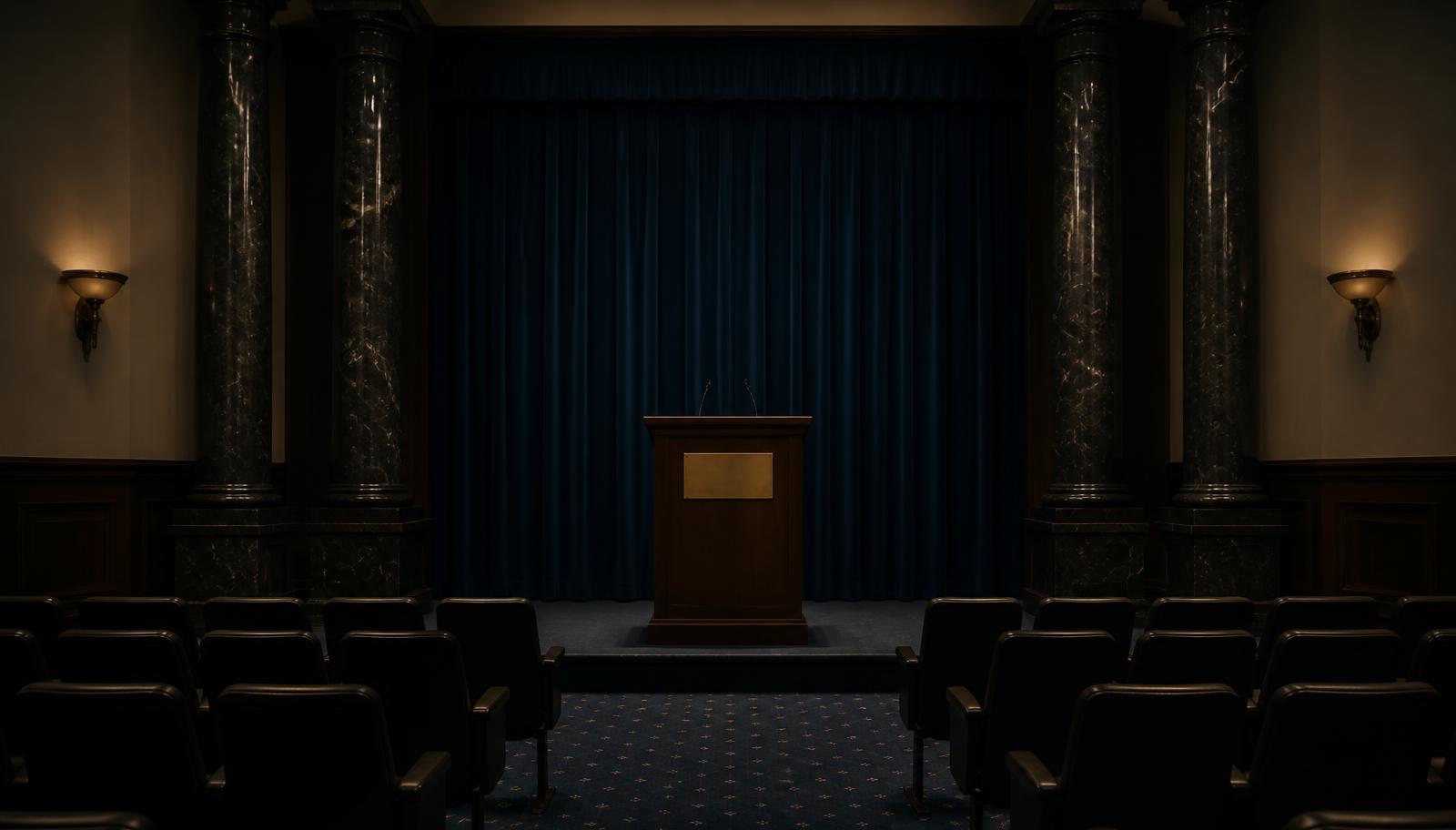 Dim institutional briefing room with a walnut podium and deep navy curtains