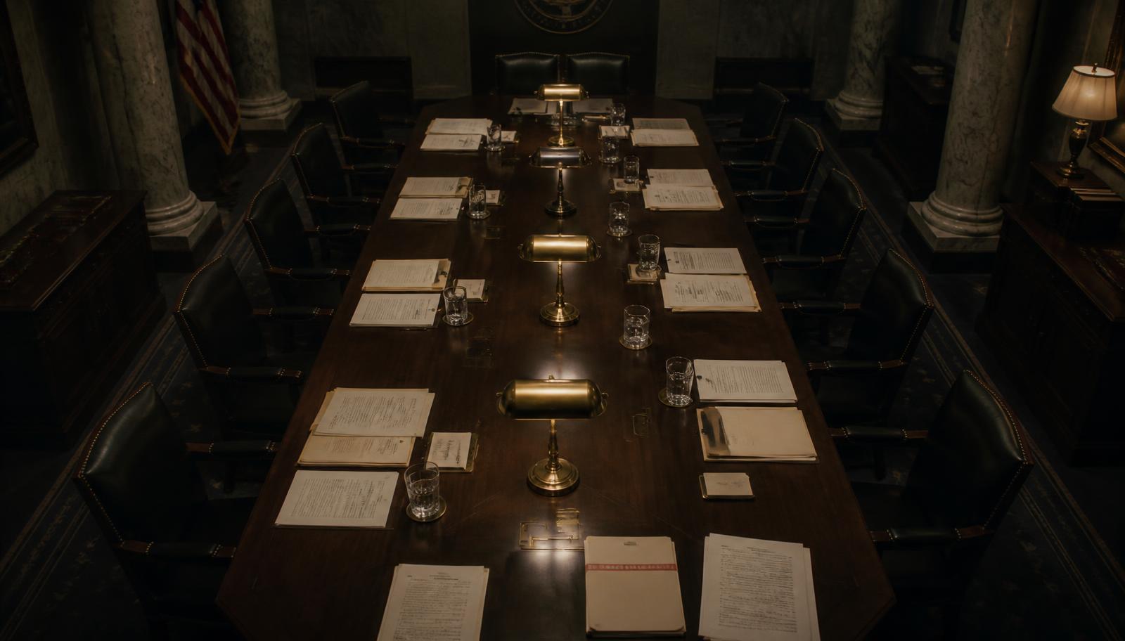 A long dark walnut committee table set with economic report folders in a dim government room